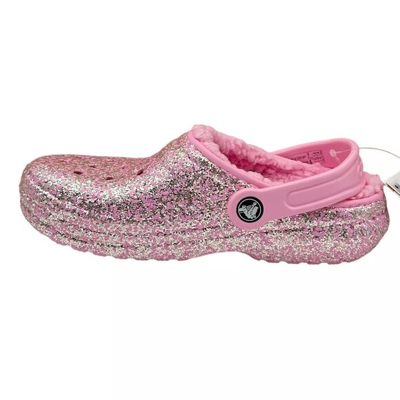 Crocs Youth Girls Slip-on Lined Clogs Sz 3 (J3) Pink Glitter Faux Fur Fuzzy Warm - Picture 6 of 14